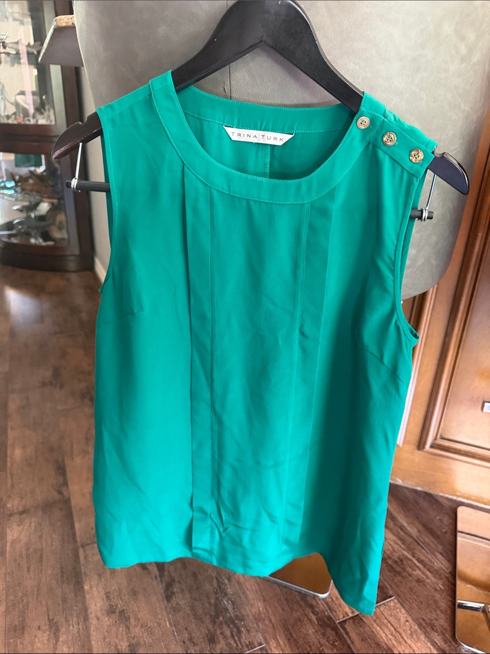 Trina Turk Emerald Green Sleeveless Button-Shoulder Shell